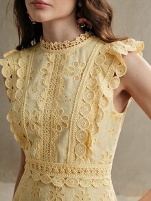 Anewsta Summer New Fashion Elegant Hollow Embroidery Patchwork Multi-Layer Lace Stand Collar Cap Sleeve Yellow Dress - Yellow - View 2