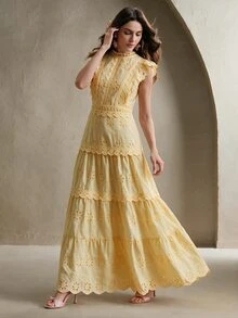 Anewsta Summer New Fashion Elegant Hollow Embroidery Patchwork Multi-Layer Lace Stand Collar Cap Sleeve Yellow Dress - Yellow - View 5