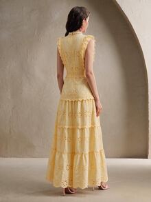 Anewsta Summer New Fashion Elegant Hollow Embroidery Patchwork Multi-Layer Lace Stand Collar Cap Sleeve Yellow Dress - Yellow - View 8