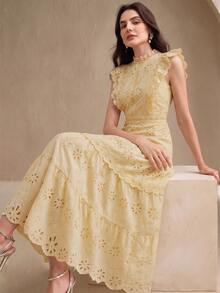 Anewsta Summer New Fashion Elegant Hollow Embroidery Patchwork Multi-Layer Lace Stand Collar Cap Sleeve Yellow Dress - Yellow - View 4