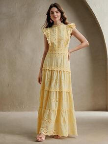 Anewsta Summer New Fashion Elegant Hollow Embroidery Patchwork Multi-Layer Lace Stand Collar Cap Sleeve Yellow Dress - Yellow - View 7
