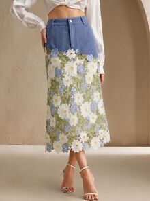 Anewsta 藍色秋季牛仔拼接3D花朵蕾絲高腰中長裙，適合旅行、約會、派對、日常穿著，女款 - 藍色 - 查看 3