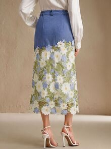 Anewsta 藍色秋季牛仔拼接3D花朵蕾絲高腰中長裙，適合旅行、約會、派對、日常穿著，女款 - 藍色 - 查看 6