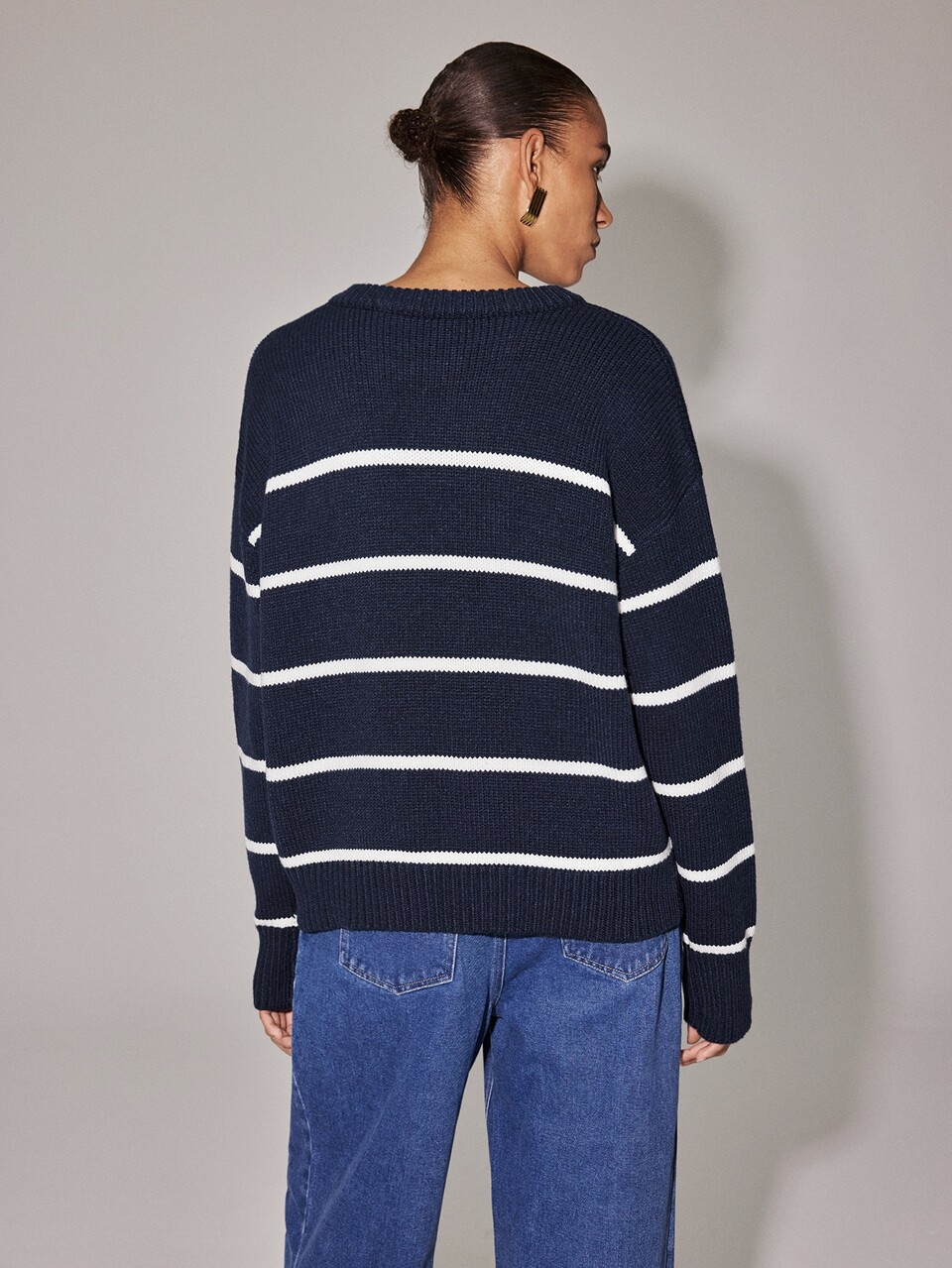 Anewsta Essential Women's Fall/Winter Elegant Casual Navy White Stripe Long Sleeve Loose Pullover Sweater Knit For Business Office Party Going Out Ceremony