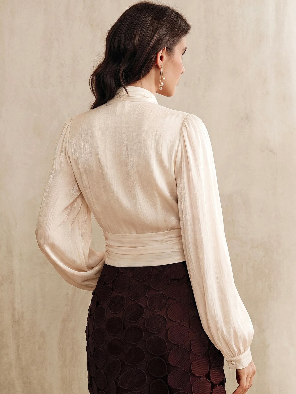 Anewsta Women's Elegant Shiny Fabric Tie Neck Waist-Cinching Blouse