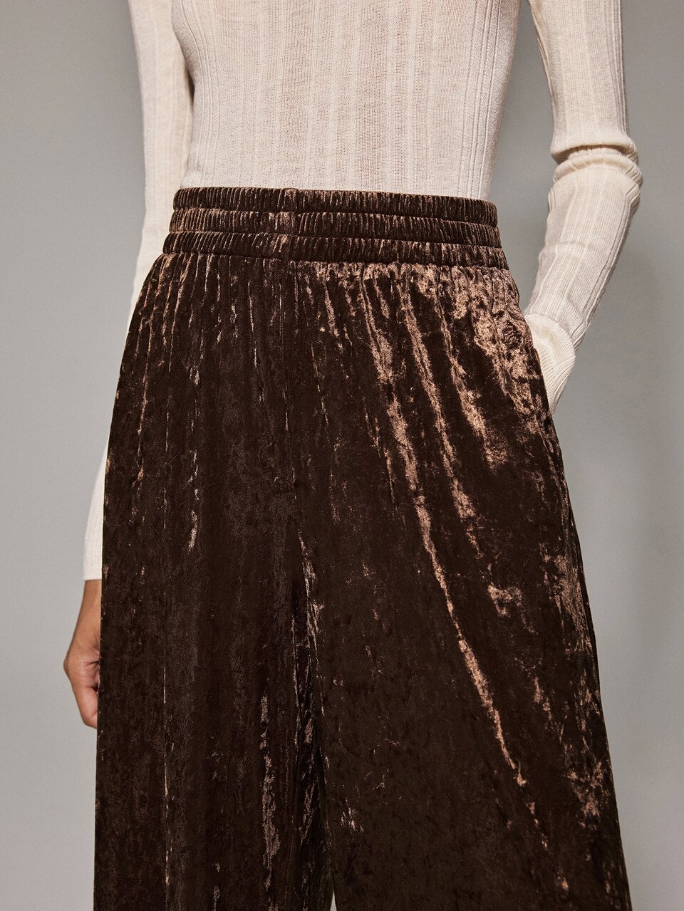 Anewsta Essential Elegant Casual Party Dinner Velvet Women's Dark Brown Knit Trousers Autumn