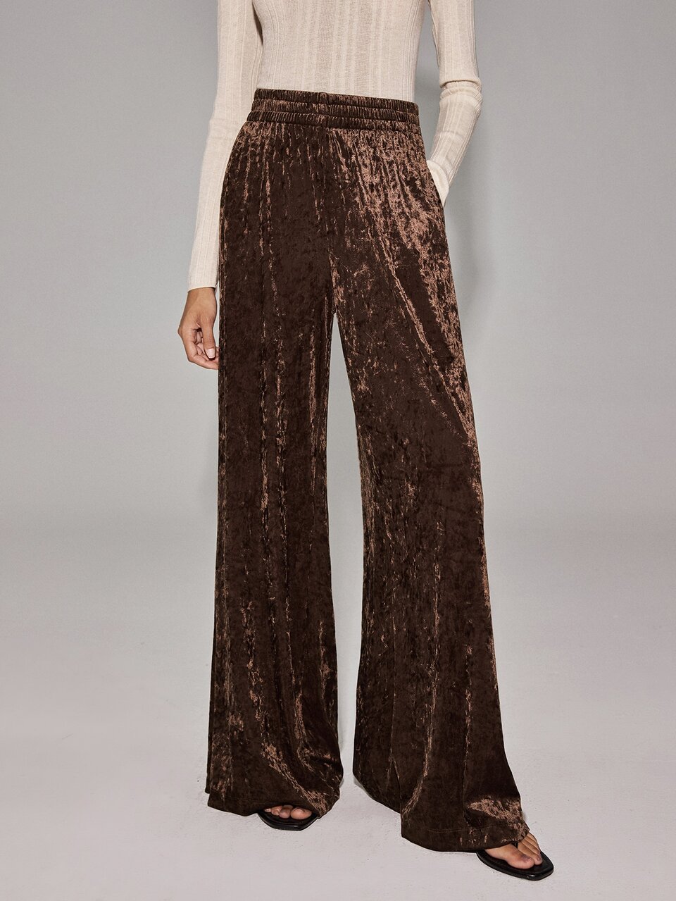 Anewsta Essential Elegant Casual Party Dinner Velvet Women's Dark Brown Knit Trousers Autumn