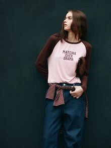 Nöista Casual Graphic Raglan Long Sleeve Top For Everyday Wear And Relaxed Weekend Outfits. College, Travel, Concert,Fall, Autumn Winter, Graphic Tee.  - Pink - View 1