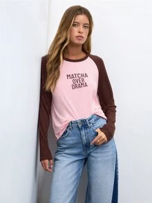 Nöista Casual Graphic Raglan Long Sleeve Top For Everyday Wear And Relaxed Weekend Outfits. College, Travel, Concert,Fall, Autumn Winter, Graphic Tee.  - Pink - View 6