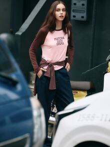 Nöista Casual Graphic Raglan Long Sleeve Top For Everyday Wear And Relaxed Weekend Outfits. College, Travel, Concert,Fall, Autumn Winter, Graphic Tee.  - Pink - View 3