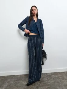 Nöista Blue And White Stripe Wide Leg Pants With Elastic Waist Rhinstones In Vertical Summer Formal Event Party Business Office Halloween Christmas Casual - Navy Blue - View 4