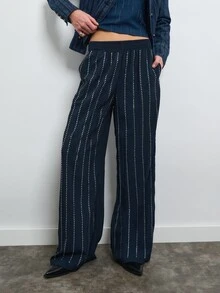 Nöista Blue And White Stripe Wide Leg Pants With Elastic Waist Rhinstones In Vertical Summer Formal Event Party Business Office Halloween Christmas Casual - Navy Blue - View 1
