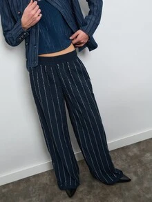 Nöista Blue And White Stripe Wide Leg Pants With Elastic Waist Rhinstones In Vertical Summer Formal Event Party Business Office Halloween Christmas Casual - Navy Blue - View 3