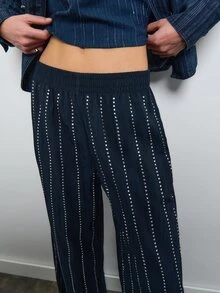 Nöista Blue And White Stripe Wide Leg Pants With Elastic Waist Rhinstones In Vertical Summer Formal Event Party Business Office Halloween Christmas Casual - Navy Blue - View 2