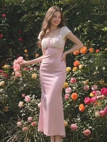 SHEIN MOD Women's Lace Patchwork Elegant Waist-Cinching Party Dress - Pink - View 2