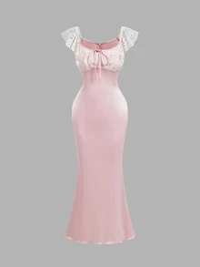 SHEIN MOD Women's Lace Patchwork Elegant Waist-Cinching Party Dress - Pink - View 3