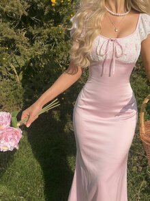SHEIN MOD Women's Lace Patchwork Elegant Waist-Cinching Party Dress - Pink - View 4