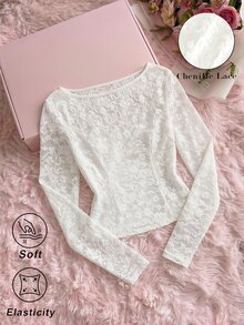 SHEIN MOD 白色花卉厚實親膚蕾絲船領公主接縫宮廷風女款蕾絲T恤上衣，適合婚禮派對，秋季浪漫優雅 - 杏色 - 查看 1