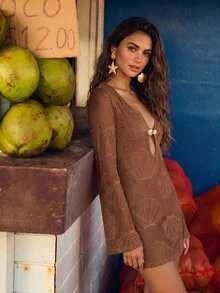 CAJUNI Vacation Beach Shell Hollow Knit Cover-Up Dress - Brown - View 5
