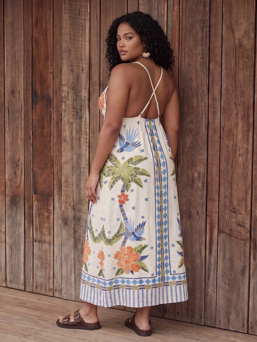 CAJUNI Plus Size Spaghetti Strap Maxi Dress With Traditional Straw Embroidery Print And Tropical Macaw Pattern. - Multicolor - View 1
