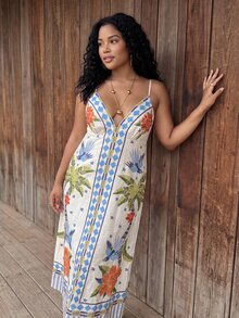 CAJUNI Plus Size Spaghetti Strap Maxi Dress With Traditional Straw Embroidery Print And Tropical Macaw Pattern. - Multicolor - View 4