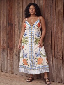 CAJUNI Plus Size Spaghetti Strap Maxi Dress With Traditional Straw Embroidery Print And Tropical Macaw Pattern. - Multicolor - View 7