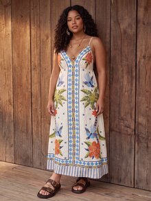 CAJUNI Plus Size Spaghetti Strap Maxi Dress With Traditional Straw Embroidery Print And Tropical Macaw Pattern. - Multicolor - View 3