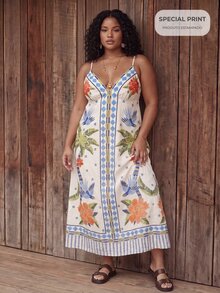 CAJUNI Plus Size Spaghetti Strap Maxi Dress With Traditional Straw Embroidery Print And Tropical Macaw Pattern. - Multicolor - View 2