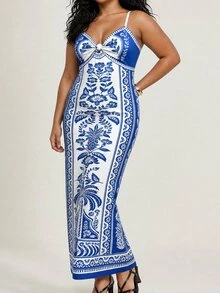 CAJUNI Plus Size Tropical Print Cami Dress For Vacation And Casual Wear - Blue and White - View 4