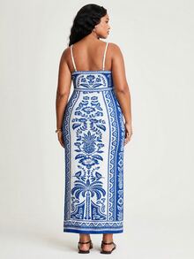 CAJUNI Plus Size Tropical Print Cami Dress For Vacation And Casual Wear - Blue and White - View 2