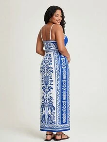 CAJUNI Plus Size Tropical Print Cami Dress For Vacation And Casual Wear - Blue and White - View 3