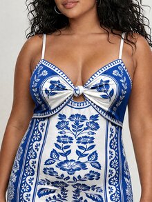 CAJUNI Plus Size Tropical Print Cami Dress For Vacation And Casual Wear - Blue and White - View 6
