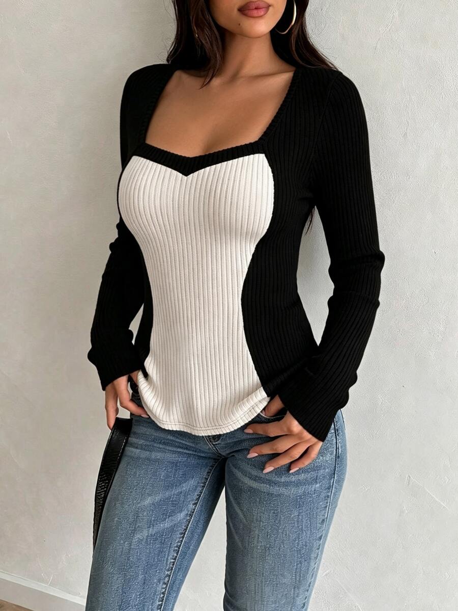 Elenzga Women's Plus Size Spring/Autumn Long Sleeve Knit Top, Black & White Colorblock Heart Square Neck, Cinched Waist, Slimming Fishtail Hem, Ribbed Slim Fit, Sexy Style, Commuter Base Layer - Multicolor - View 1