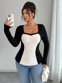Elenzga Women's Plus Size Spring/Autumn Long Sleeve Knit Top, Black & White Colorblock Heart Square Neck, Cinched Waist, Slimming Fishtail Hem, Ribbed Slim Fit, Sexy Style, Commuter Base Layer - Multicolor - View 3