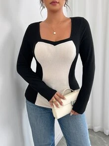 Elenzga Women's Plus Size Spring/Autumn Long Sleeve Knit Top, Black & White Colorblock Heart Square Neck, Cinched Waist, Slimming Fishtail Hem, Ribbed Slim Fit, Sexy Style, Commuter Base Layer - Multicolor - View 4