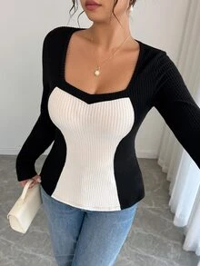 Elenzga Women's Plus Size Spring/Autumn Long Sleeve Knit Top, Black & White Colorblock Heart Square Neck, Cinched Waist, Slimming Fishtail Hem, Ribbed Slim Fit, Sexy Style, Commuter Base Layer - Multicolor - View 5