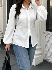 Easura Kemeja Wanita Ukuran Besar Kasual Lengan Panjang Berkerah dengan Ikat Pinggang, Cocok untuk Pakaian Sehari-hari di Musim Gugur - Putih - View 3