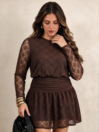 Elegantrix Plus Size Women's Autumn Deep Brown Hollow Lace Dress, Round Neck Long Sleeve Elastic Mesh Lace Fabric, Elastic Waist Gathered Waist, Ruffle Hem Short A-Line Skirt, Minimalist Sexy Mature Vibe Slim Fit Mini Dress, Suitable For Daily Dating, Afternoon Tea With Friends, Bar Visiting, Light Party