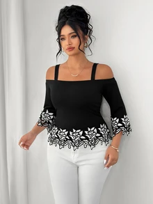 Elenzga Plus Size Women's Elegant Black And White Summer Dinner Blouse,3D Floral Lace Embroidered Off-Shoulder Long Sleeve Holiday Shirt - Multicolor - View 4
