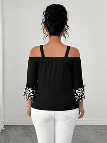 Elenzga Plus Size Women's Elegant Black And White Summer Dinner Blouse,3D Floral Lace Embroidered Off-Shoulder Long Sleeve Holiday Shirt - Multicolor - View 2