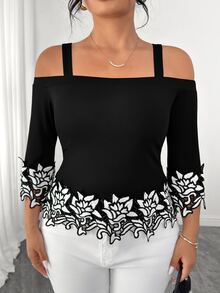 Elenzga Plus Size Women's Elegant Black And White Summer Dinner Blouse,3D Floral Lace Embroidered Off-Shoulder Long Sleeve Holiday Shirt - Multicolor - View 5