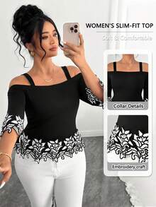 Elenzga Plus Size Women's Elegant Black And White Summer Dinner Blouse,3D Floral Lace Embroidered Off-Shoulder Long Sleeve Holiday Shirt - Multicolor - View 1