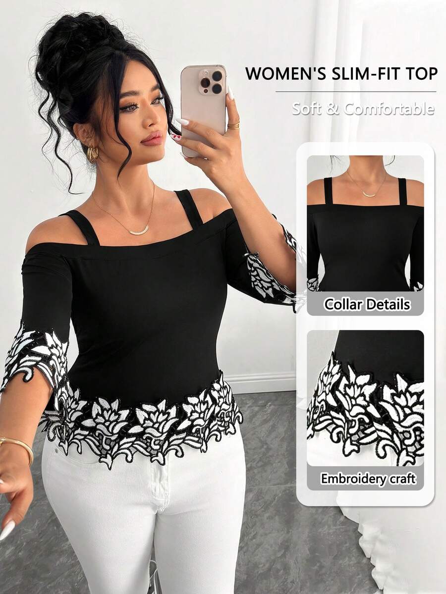 Elenzga Plus Size Women's Elegant Black And White Summer Dinner Blouse,3D Floral Lace Embroidered Off-Shoulder Long Sleeve Holiday Shirt - Multicolor - View 1