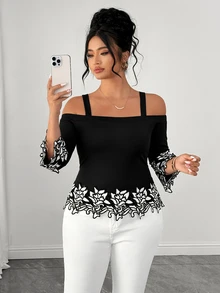 Elenzga Plus Size Women's Elegant Black And White Summer Dinner Blouse,3D Floral Lace Embroidered Off-Shoulder Long Sleeve Holiday Shirt - Multicolor - View 8