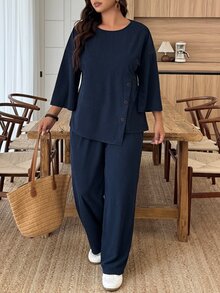 Weeklong Plus Size Women's Autumn/Winter Knit Ribbed Fabric Asymmetric Hem Button Decor Casual Commute Set Fall - Navy Blue - View 4