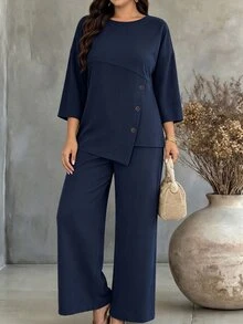 Weeklong Plus Size Women's Autumn/Winter Knit Ribbed Fabric Asymmetric Hem Button Decor Casual Commute Set Fall - Navy Blue - View 5