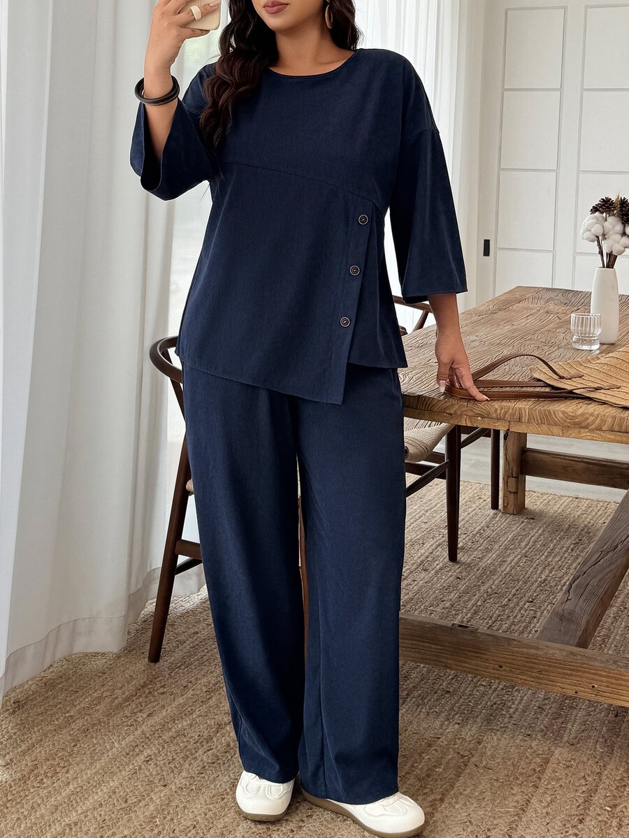 Weeklong Plus Size Women's Autumn/Winter Knit Ribbed Fabric Asymmetric Hem Button Decor Casual Commute Set Fall - Navy Blue - View 1