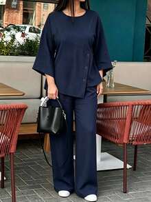 Weeklong Plus Size Women's Autumn/Winter Knit Ribbed Fabric Asymmetric Hem Button Decor Casual Commute Set Fall - Navy Blue - View 2