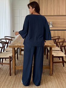 Weeklong Plus Size Women's Autumn/Winter Knit Ribbed Fabric Asymmetric Hem Button Decor Casual Commute Set Fall - Navy Blue - View 7