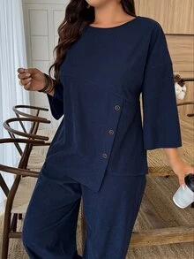 Weeklong Plus Size Women's Autumn/Winter Knit Ribbed Fabric Asymmetric Hem Button Decor Casual Commute Set Fall - Navy Blue - View 6
